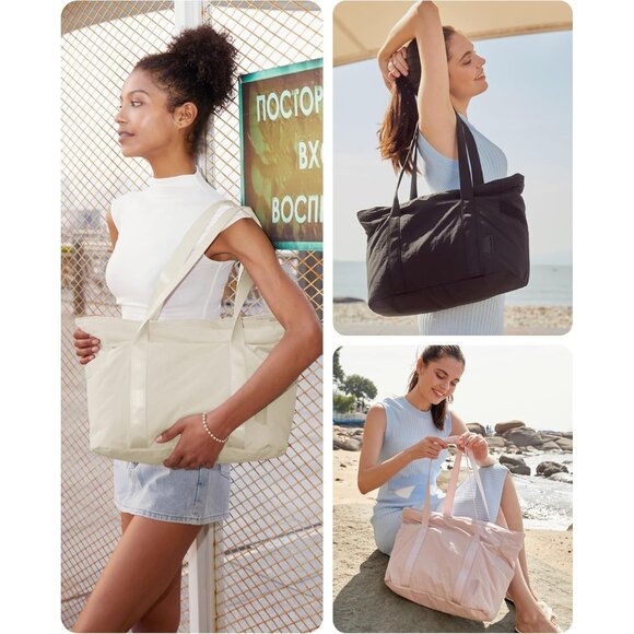 Women Beige Shoulder Tote Bag With Top Handle with Yoga Mat Buckle for Gym - Picture 2 of 7